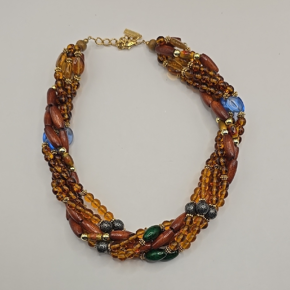 Napier 6 Strand Glass & Wood Beaded Boho Necklace